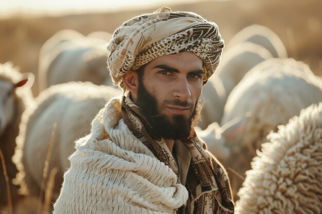 Vista fotorealista di musulmani con animali preparati per l'offerta dell'Eid al-Adha