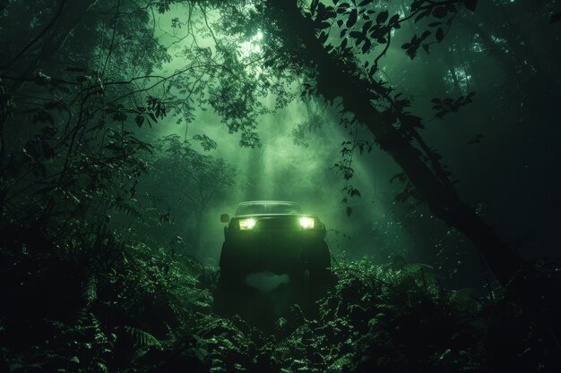 Vista fotorealista di un'auto fuoristrada con terreno naturale e condizioni meteorologiche