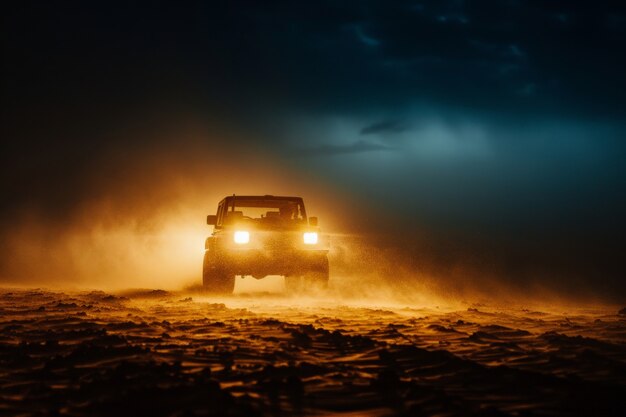 Vista fotorealista di un'auto fuoristrada con terreno naturale e condizioni meteorologiche