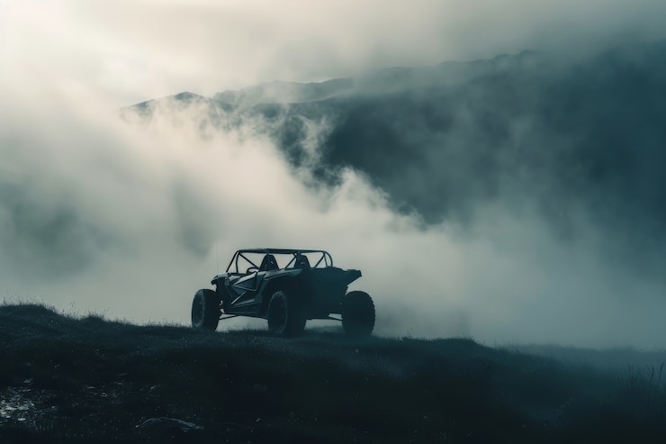 Foto gratuito vista fotorealista di un'auto fuoristrada con terreno naturale e condizioni meteorologiche