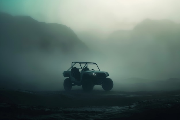 Vista fotorealista di un'auto fuoristrada con terreno naturale e condizioni meteorologiche