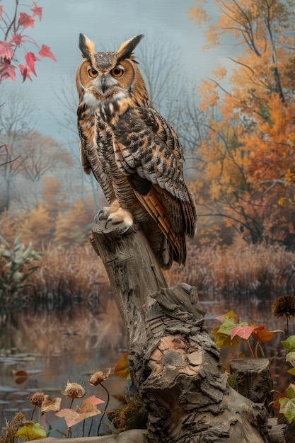 Vista fotorealista di un gufo con le piume in natura