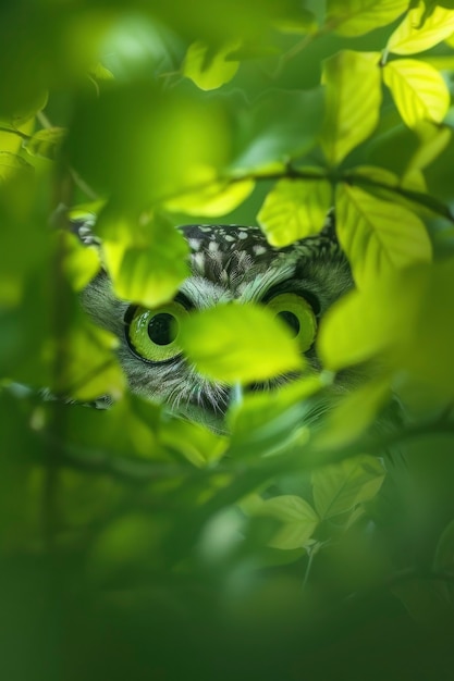 Vista fotorealista di un gufo con le piume in natura