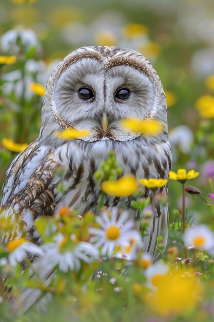 Vista fotorealista di un gufo con le piume in natura