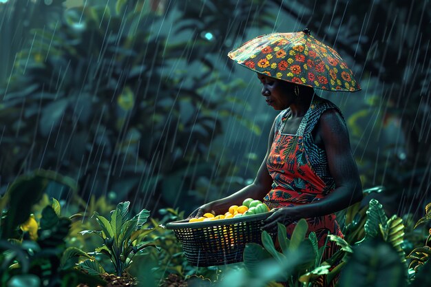 Vista fotorealista di una donna che raccoglie in un giardino biologico sostenibile