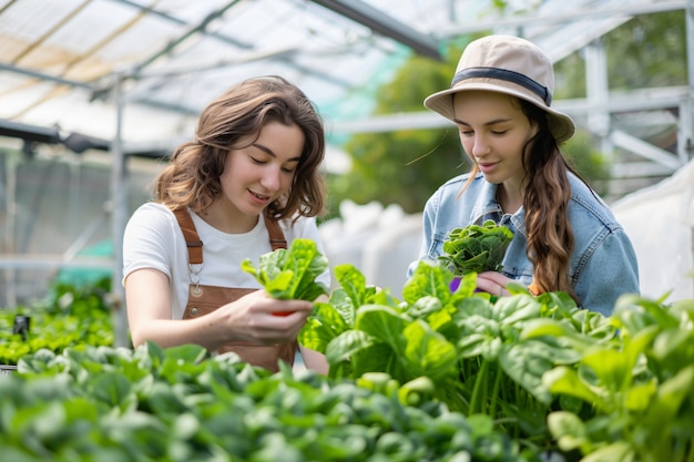 Vista fotorealista di una donna che raccoglie in un giardino biologico sostenibile