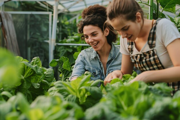 Vista fotorealista di una donna che raccoglie in un giardino biologico sostenibile