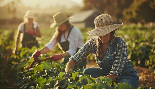 Vista fotorealista di una donna che raccoglie in un giardino biologico sostenibile