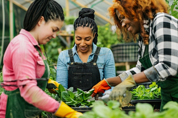 Vista fotorealista di una donna che raccoglie in un giardino biologico sostenibile