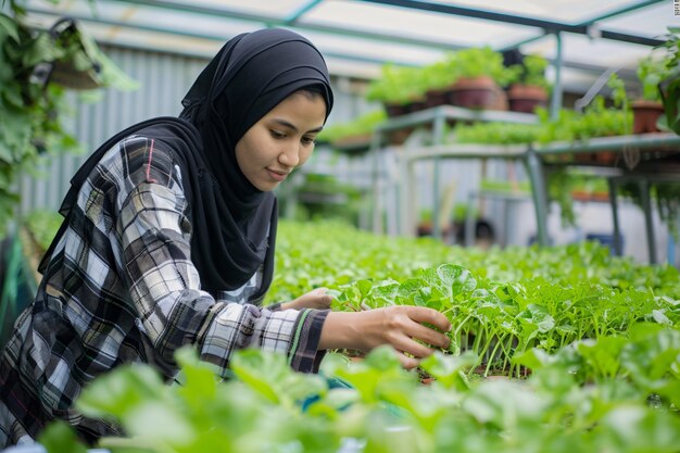 Vista fotorealista di una donna che raccoglie in un giardino biologico sostenibile