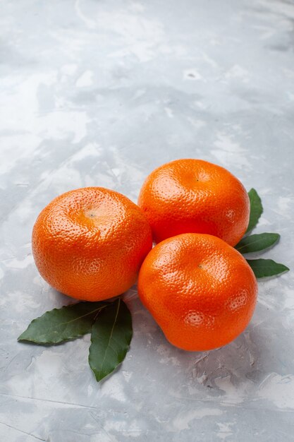 Vista frontale arancio mandarini agrumi interi su frutta succo esotico di agrumi luce pavimento