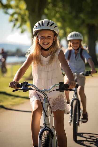 Vista frontale bambini in bicicletta all'aperto