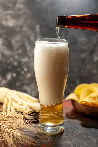 Vista frontale bicchiere d'orso con cips su vino leggero foto a colori bevanda alcolica snack