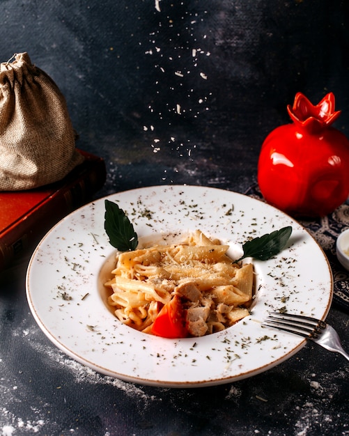 Vista frontale cucinata squisita pasta all'interno del piatto bianco sul pavimento grigio