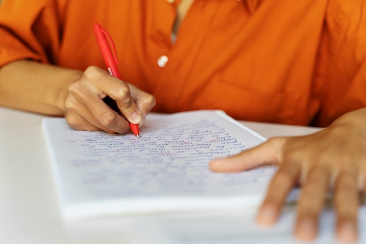 Foto gratuito vista frontale degli adulti che correggono gli errori grammaticali