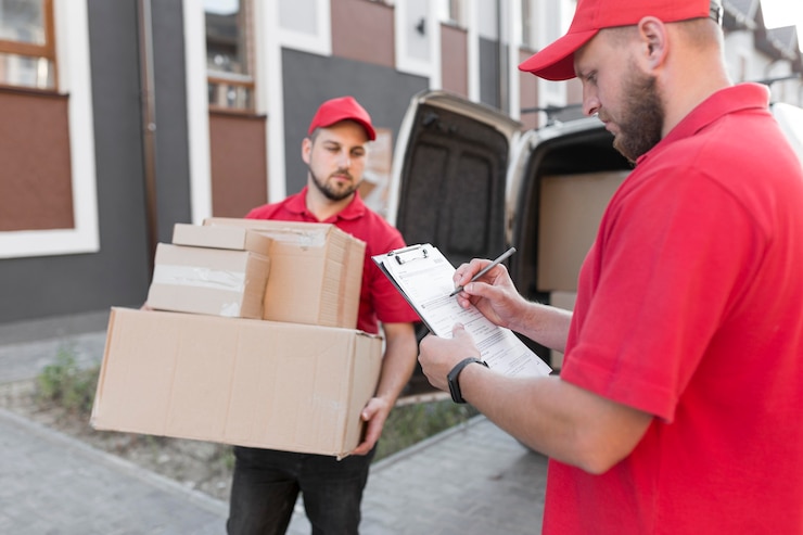 Foto gratuito vista frontale degli uomini di consegna al concetto di lavoro