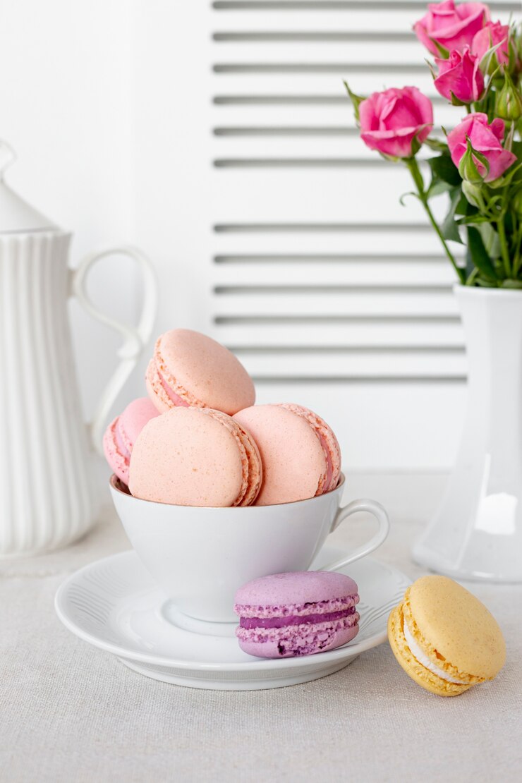 Foto gratuito vista frontale dei macarons in tazza con le rose