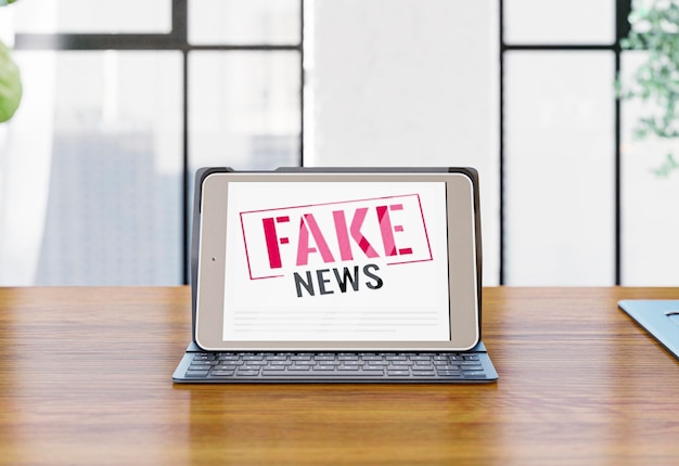 Vista frontale del computer portatile sulla scrivania con notizie false