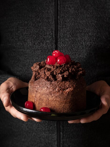 Vista frontale del delizioso concetto di torta al cioccolato