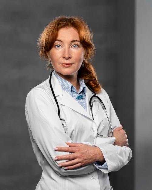 Vista frontale del medico femminile con lo stetoscopio in posa con le braccia incrociate