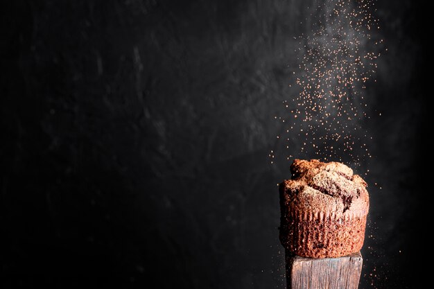 Vista frontale del muffin al cioccolato con cacao in polvere e spazio della copia