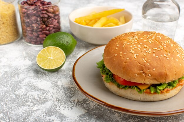 Vista frontale del panino al pollo con insalata verde e verdure all'interno con patatine fritte sulla scrivania leggera