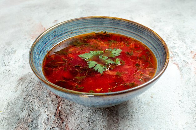 Vista frontale deliziosa zuppa di barbabietola ucraina famosa borsch con carne all'interno del piatto su spazio bianco