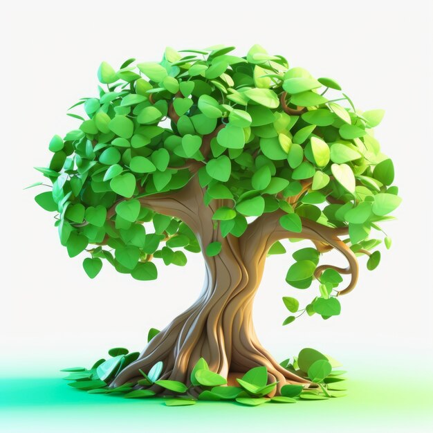 Vista frontale dell'albero 3d con foglie e tronco
