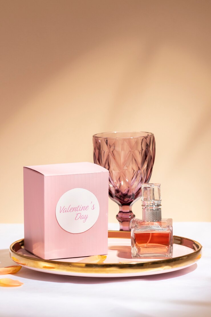 Foto gratuito vista frontale dell'elegante bottiglia di profumo sul vassoio per san valentino