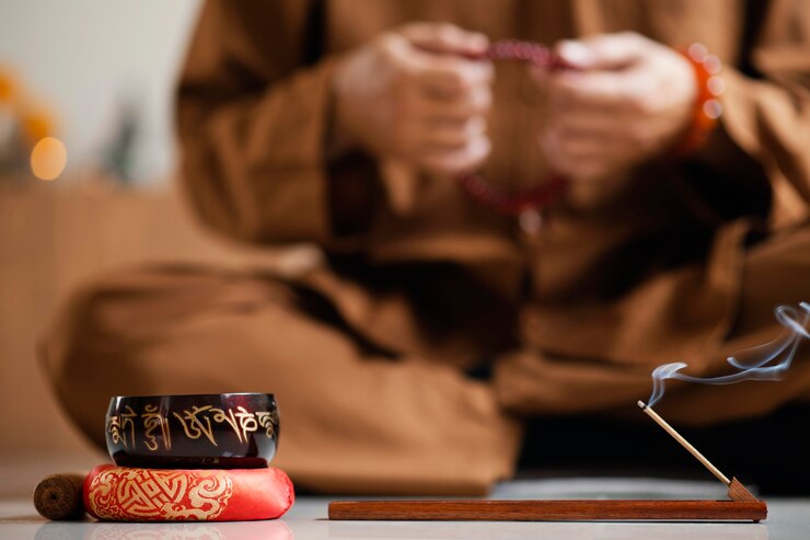 Foto gratuito vista frontale dell'uomo defocused meditando con perline accanto alla campana tibetana