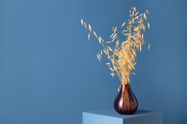 Vista frontale della decorazione vegetale in un vaso con spazio per la copia