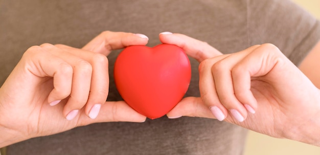 Vista frontale della donna che tiene a forma di cuore nelle mani