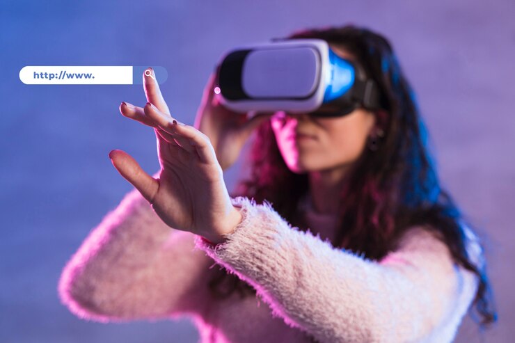 Foto gratuito vista frontale della donna che usando le cuffie da realtà virtuale