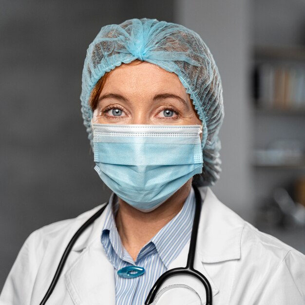 Vista frontale della dottoressa con maschera medica e retina per capelli