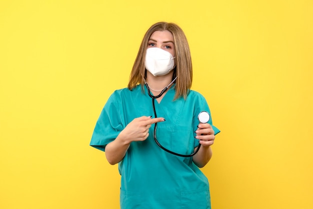 Vista frontale della dottoressa con maschera sterile sulla parete gialla