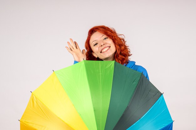 Vista frontale della giovane donna con ombrello colorato sul muro bianco