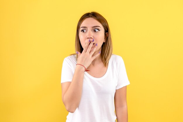 Vista frontale della giovane donna scioccata sulla parete gialla