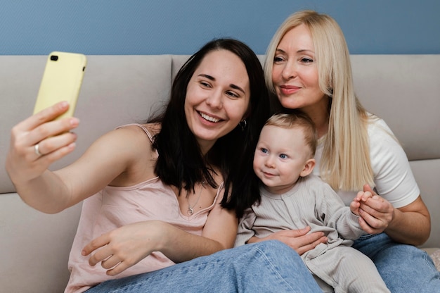 Vista frontale della madre e della nonna che prendono selfie con il bambino