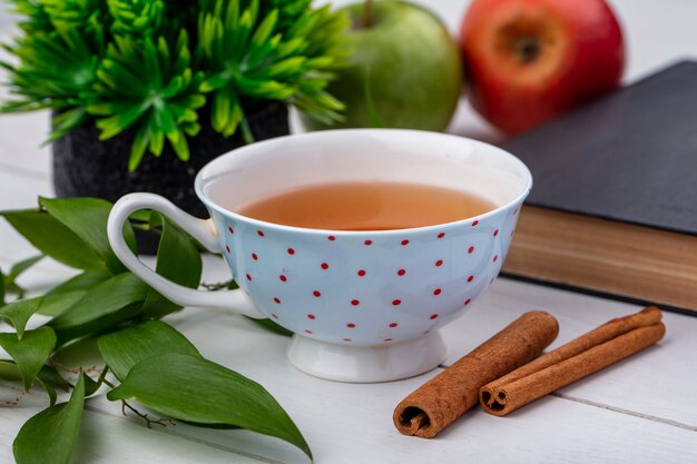 Vista frontale della tazza di tè con mele alla cannella e un libro su una superficie bianca