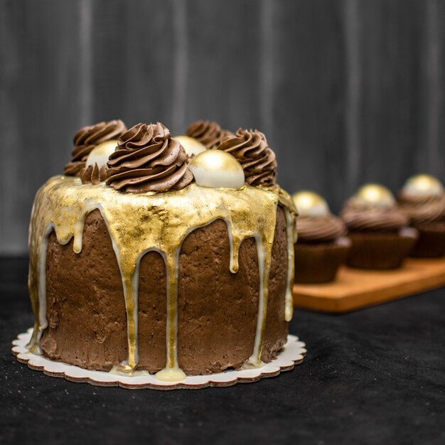 Vista frontale della torta al cioccolato con cupcakes sfocati