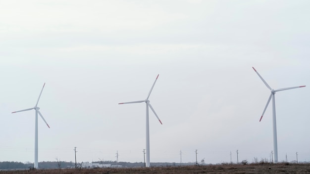 Vista frontale delle turbine eoliche nel campo che genera energia elettrica