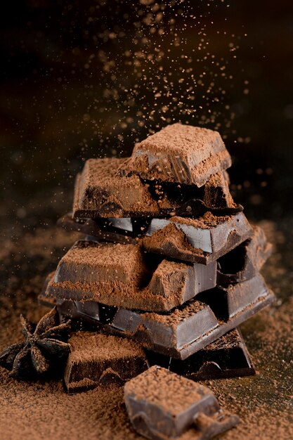 Vista frontale di cioccolato con cacao in polvere