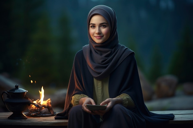 Vista frontale donna islamica all'aperto