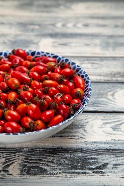 Vista frontale frutti rossi freschi maturi e bacche acide all'interno della piastra sulla superficie grigia frutti di bosco vitamina colore pianta ad albero