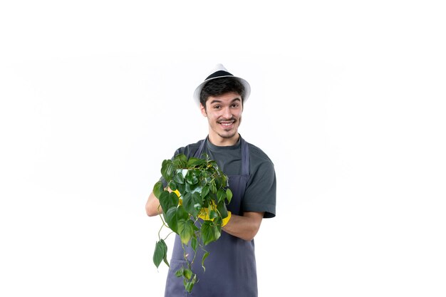 Vista frontale giovane maschio in guanti gialli che tengono pianta su sfondo bianco fiore giardino erba albero giardiniere lavoro verde cespuglio