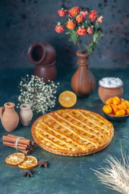 vista frontale gustosa torta kumquat su sfondo blu scuro