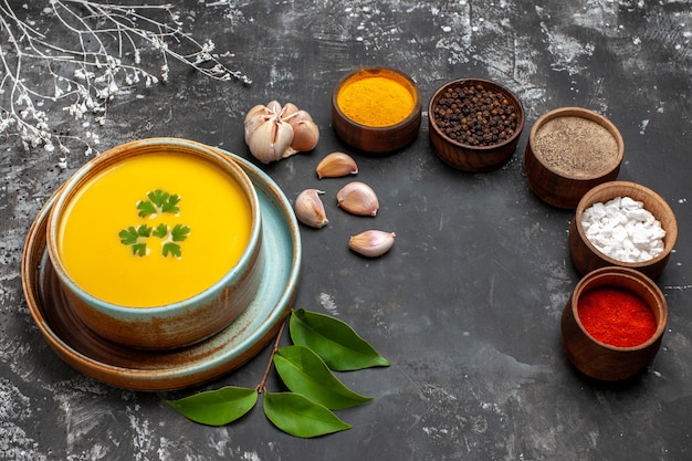 Vista frontale gustosa zuppa di zucca con condimenti sulla zuppa di piatto di pasto colore tavolo scuro