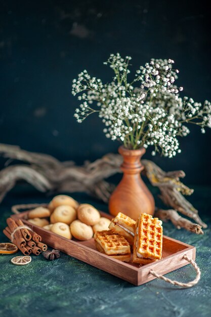 Vista frontale gustosi biscotti dolci con dolci piccoli dolci su superficie scura