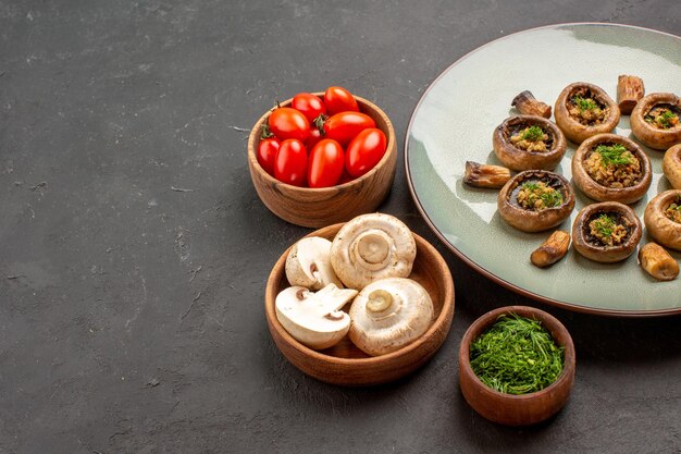 Vista frontale gustoso pasto di funghi con verdure fresche e pomodori sullo sfondo scuro piatto cena cucina funghi