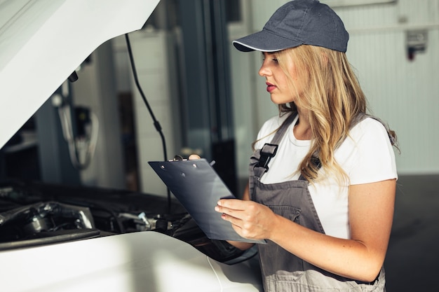 Vista frontale meccanico femminile auto ispezionando